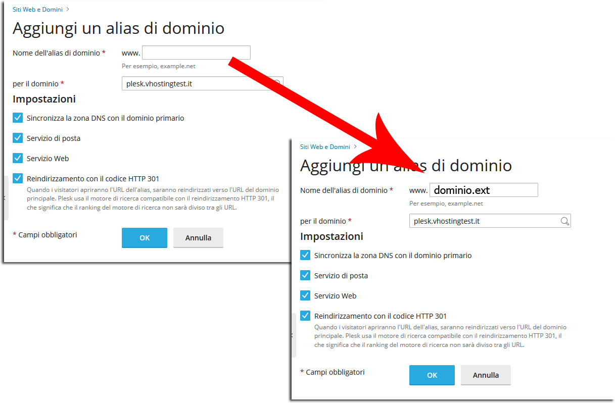 Creare un redirect del dominio