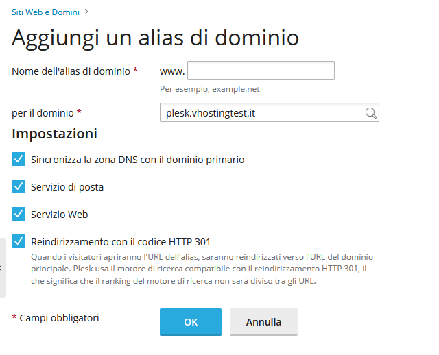 Creare un redirect del dominio