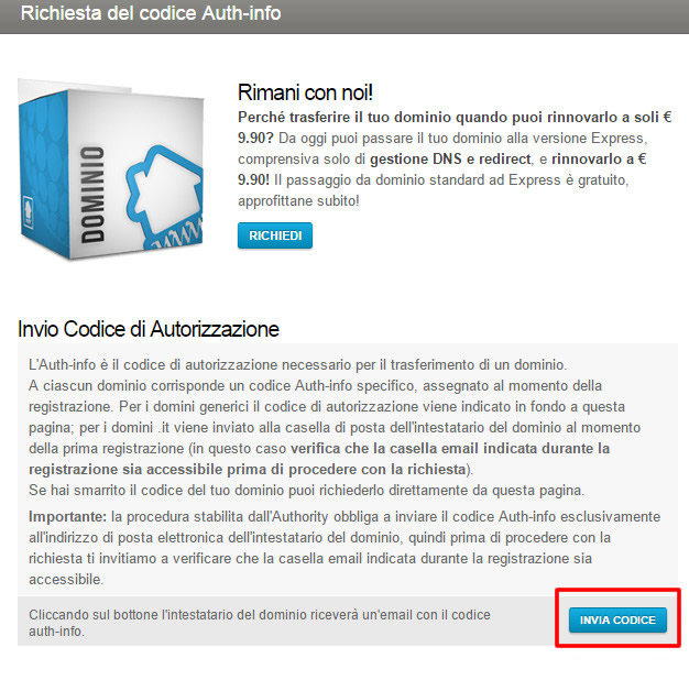 Richiedere EPP Code/AuthCode su Register.it