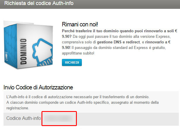 Richiedere EPP Code/AuthCode su Register.it