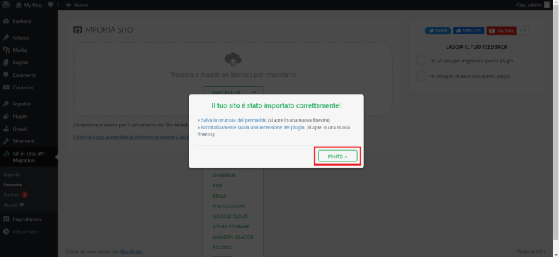 Come migrare un sito WordPress con il plugin All-in-One Migration Migrazione WordPress completata con All-in-One WP Migration