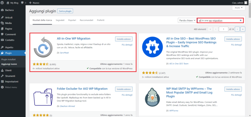 Come migrare un sito WordPress con il plugin All-in-One Migration Installazione di All-in-One WP Migration da WordPress