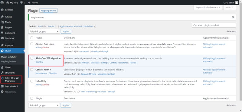 Come migrare un sito WordPress con il plugin All-in-One Migration Menu di All-in-One WP Migration nella Bacheca WordPress