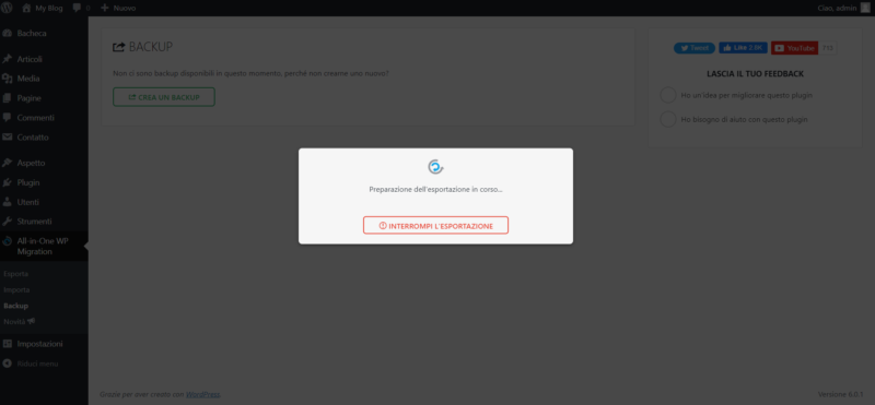Come migrare un sito WordPress con il plugin All-in-One Migration Creazione del file di backup WordPress