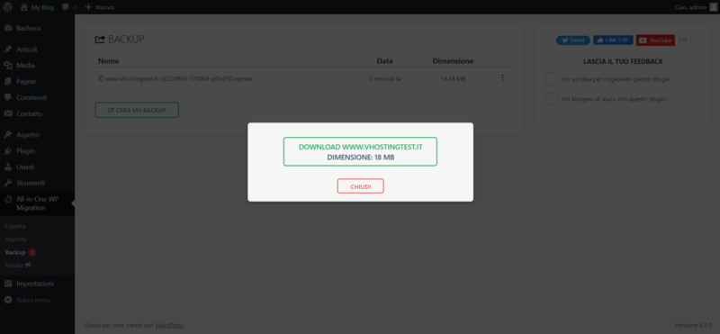 Come migrare un sito WordPress con il plugin All-in-One Migration Download del backup in formato .wpress