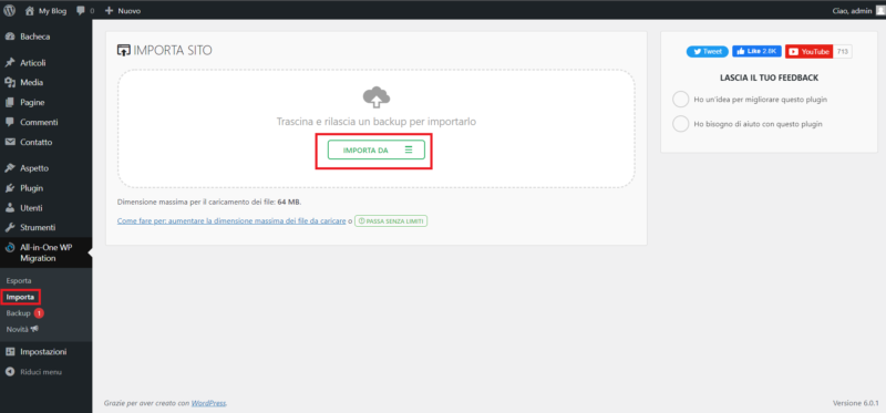 Come migrare un sito WordPress con il plugin All-in-One Migration Importazione di un sito con All-in-One WP Migration