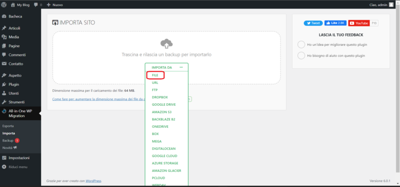 Come migrare un sito WordPress con il plugin All-in-One Migration Selezione del file .wpress da importare