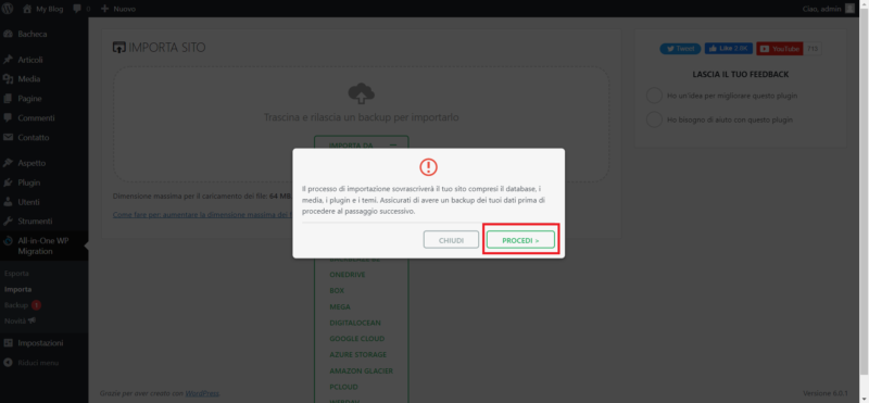 Come migrare un sito WordPress con il plugin All-in-One Migration Conferma della sovrascrittura durante l'importazione