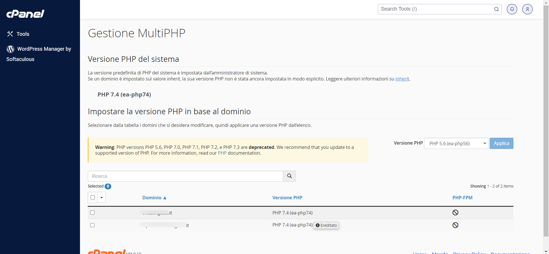 Come modificare la versione PHP