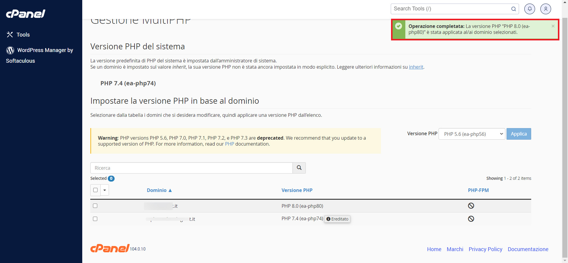 Come modificare la versione PHP