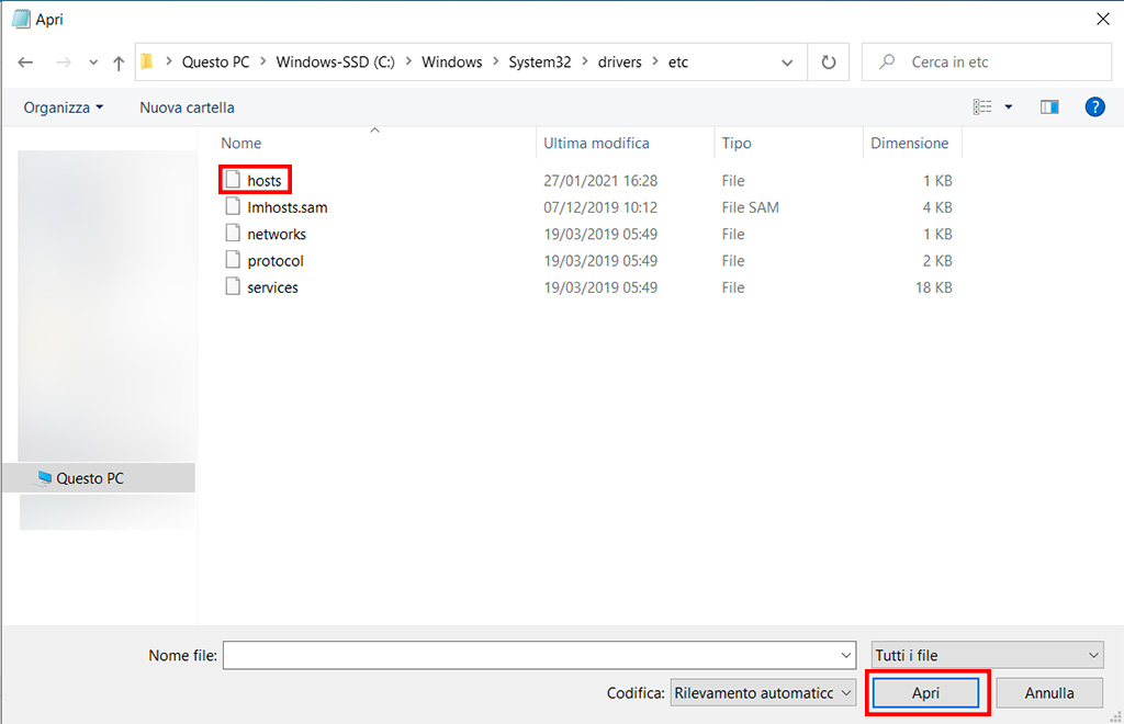 modificare il file hosts