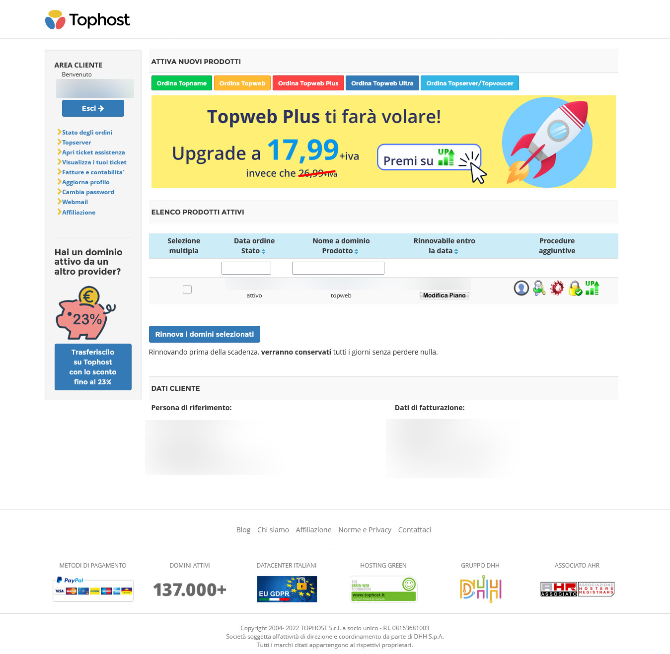 Richiedere il codice EPP/AuthCode e gestire i DNS su TopHost