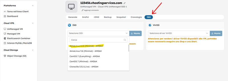 Come installare il sistema operativo su una VPS non gestita Selezione dell'immagine ISO per la VPS non gestita