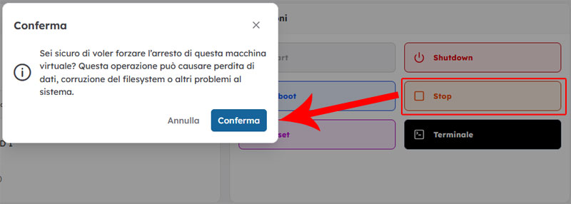 Come installare il sistema operativo su una VPS non gestita Arresto della VPS tramite il comando Stop