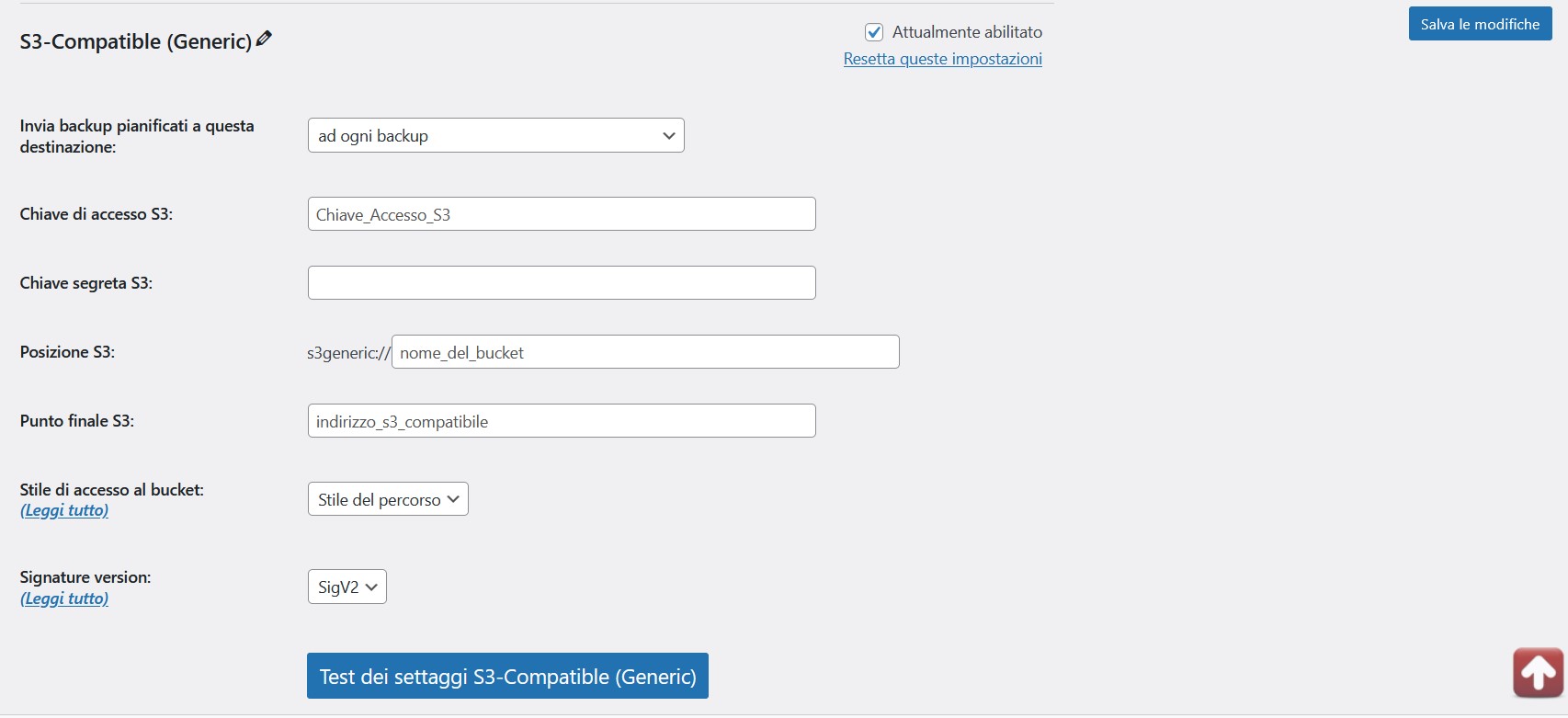 Configurazione archivio remoto UpdraftPlus con Cloud Object Storage compatibile S3