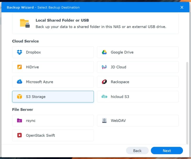 S3 su NAS Synology: Guida alla configurazione Selezione storage S3 compatibile su Hyper Backup