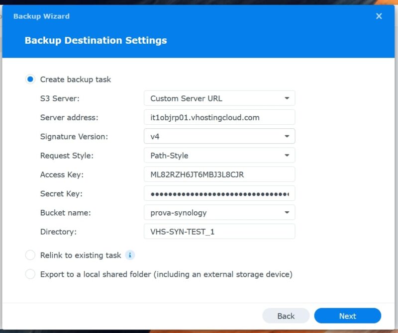 S3 su NAS Synology: Guida alla configurazione Inserimento credenziali S3 su NAS Synology