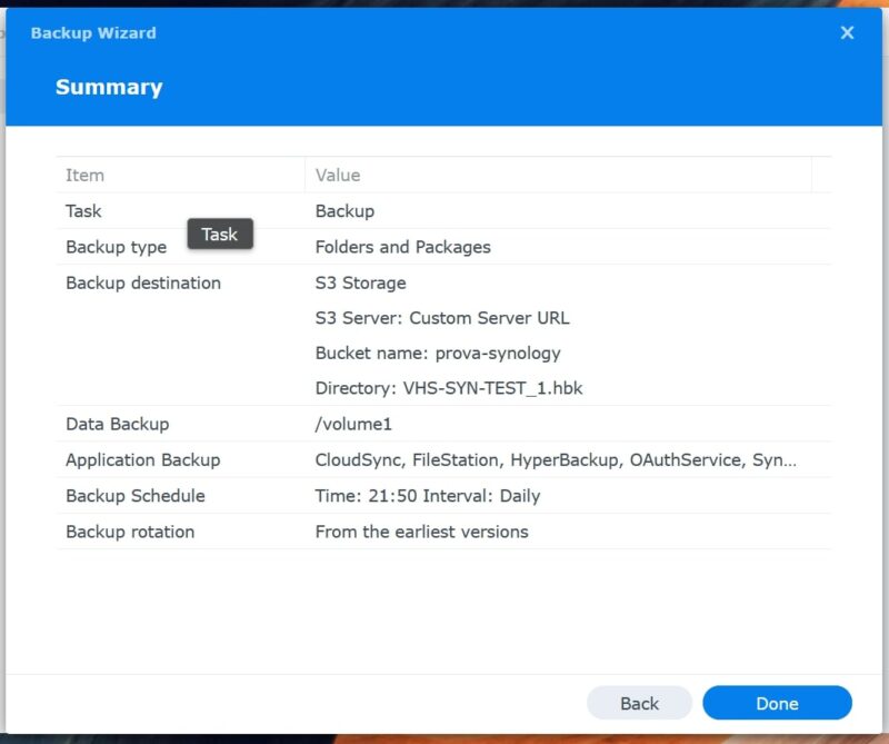 S3 su NAS Synology: Guida alla configurazione Riepilogo configurazione backup Synology S3