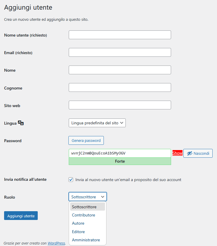 Guida WordPress - Aggiungi nuovo utente