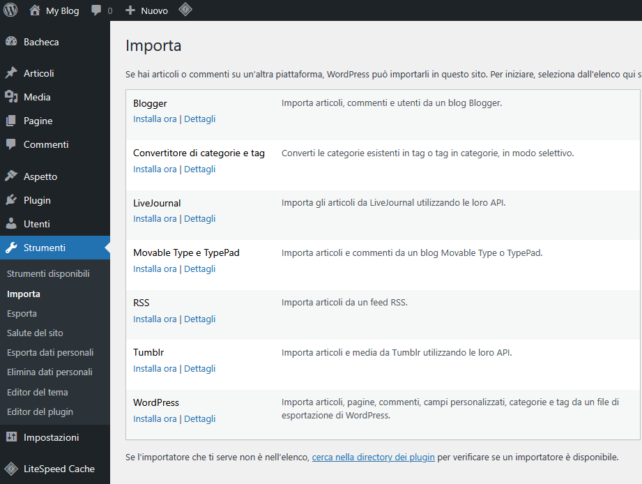 Guida WordPress - Importatori
