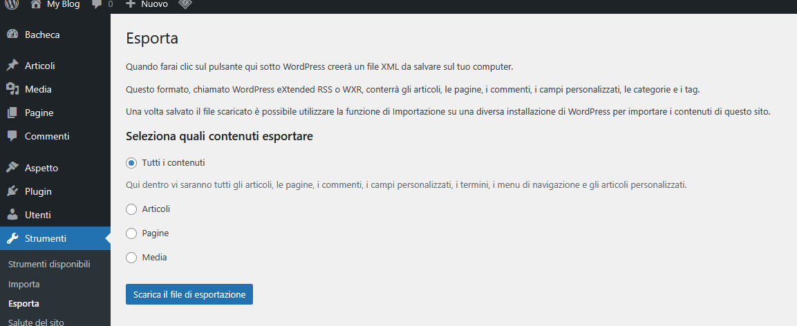 Guida WordPress - Esporta