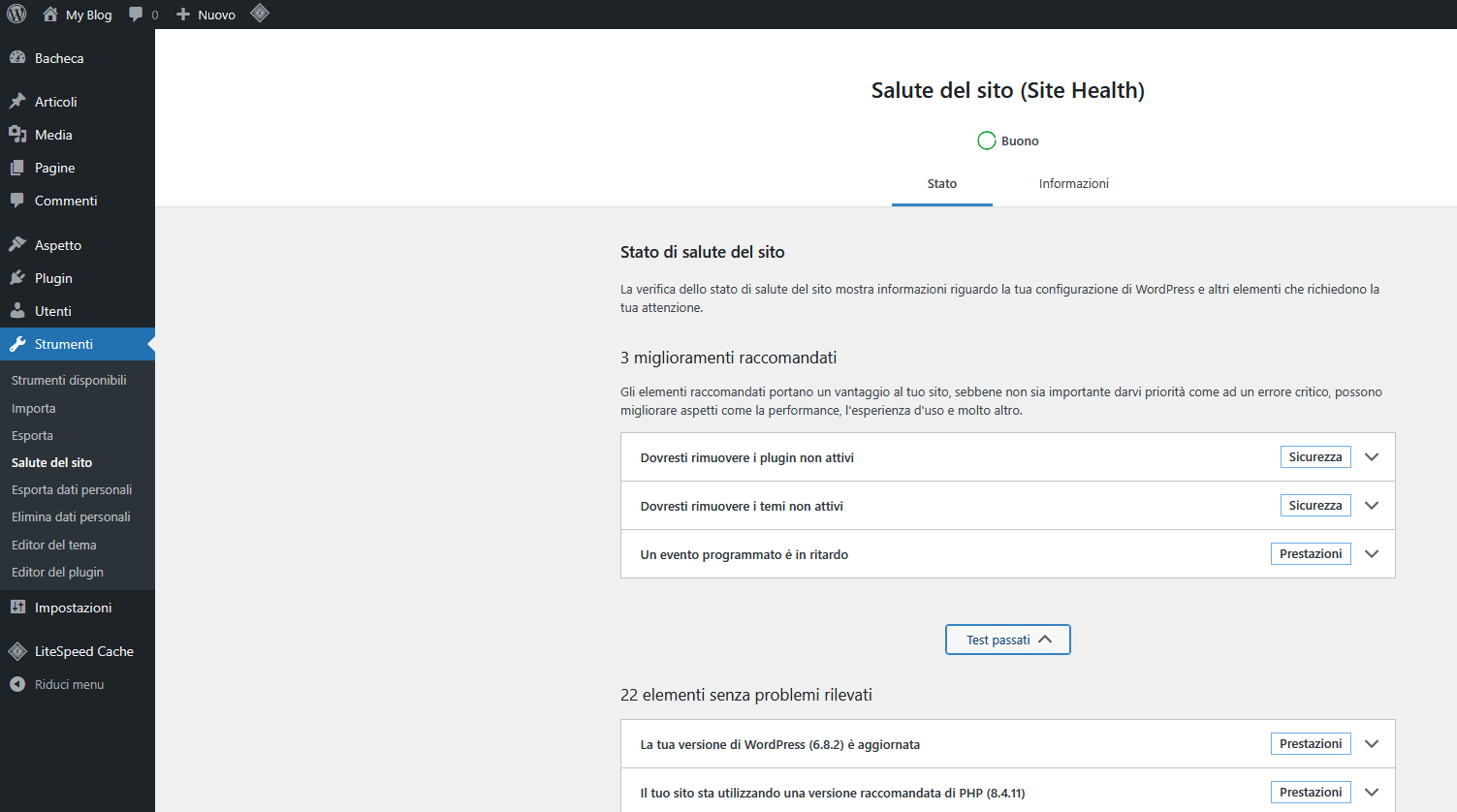 Guida WordPress - Salute sito