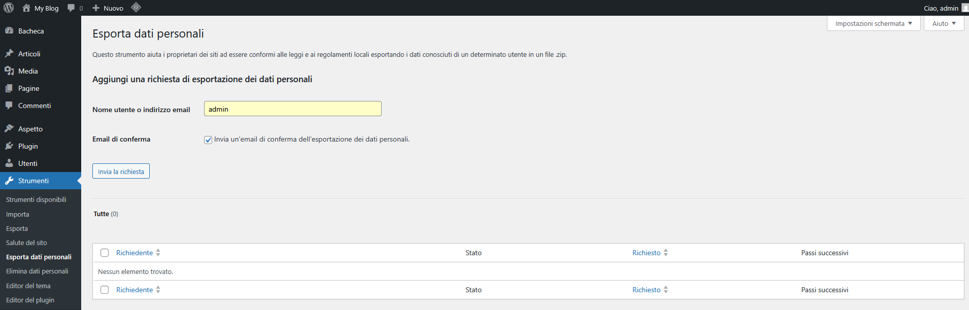 Guida WordPress - Dati personali