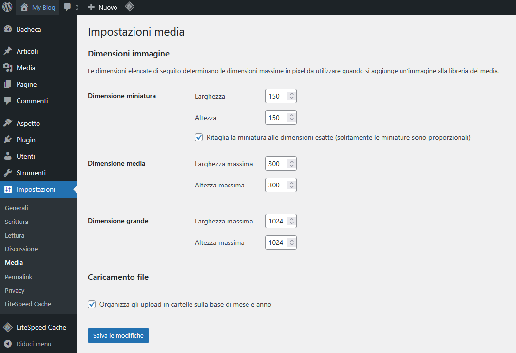 Guida WordPress - Impostazioni>Media