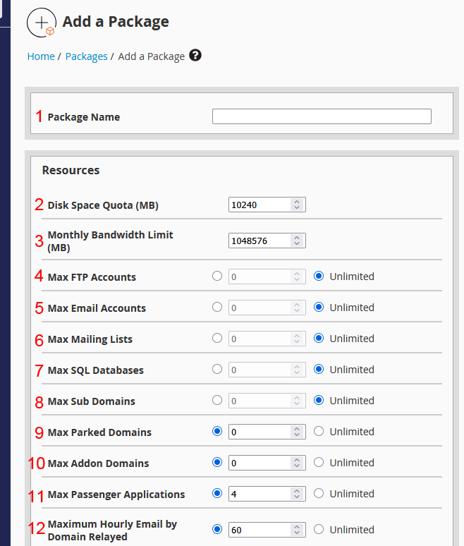 Creare il pacchetto nel WHM Reseller